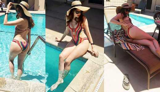 Blanca Blanco renkli bikiniyle Los Angeles'ta havuzda