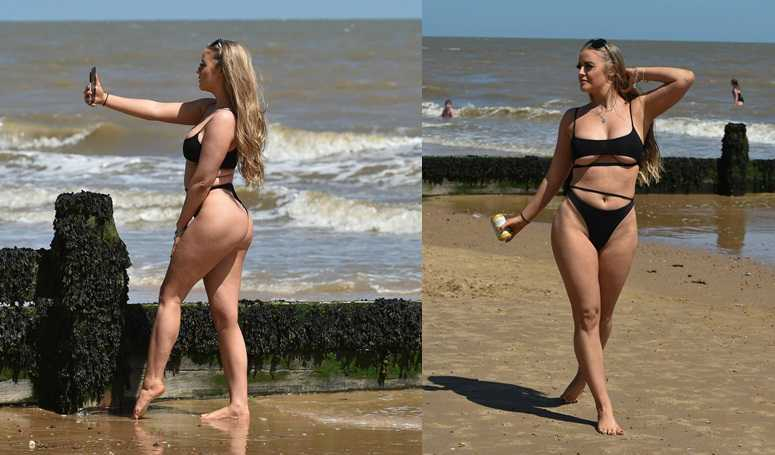 Megan Clark siyah bikiniyle Frinton plajında