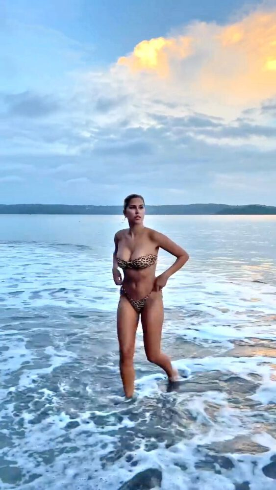 Kara Del Toro zebra desenli bikini ile plajda