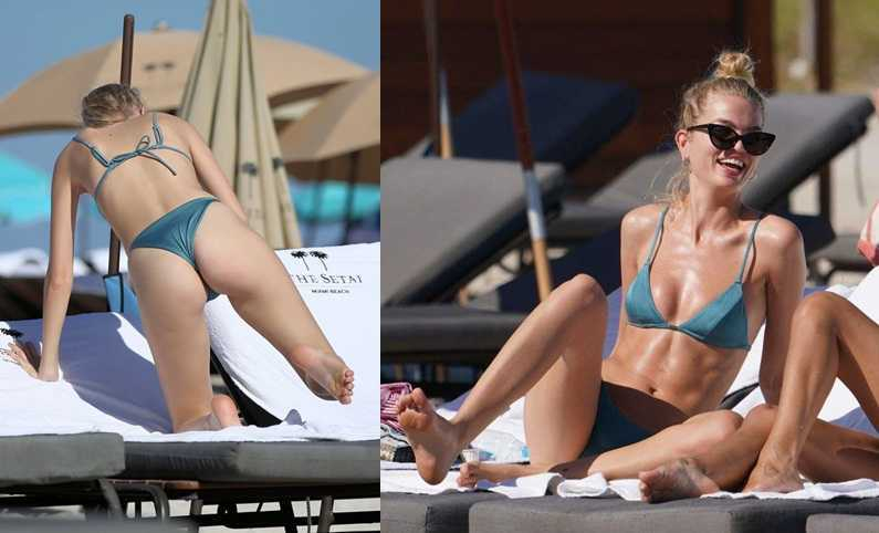 Daphne Groeneveld yeşil tanga bikiniyle Miami plajında