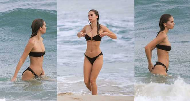 Gabriella Brooks siyah bikiniyle plajda