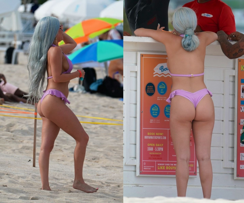 Chanel West Coast pembe tanga bikini ile plajda