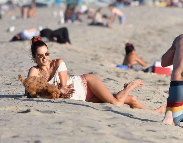 Alessandra Ambrosio pembe bikini ile Santa Monica plajında