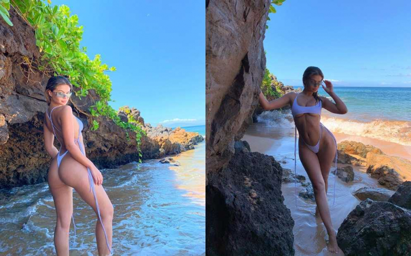 Sofia Jamora beyaz bikini ile plajda